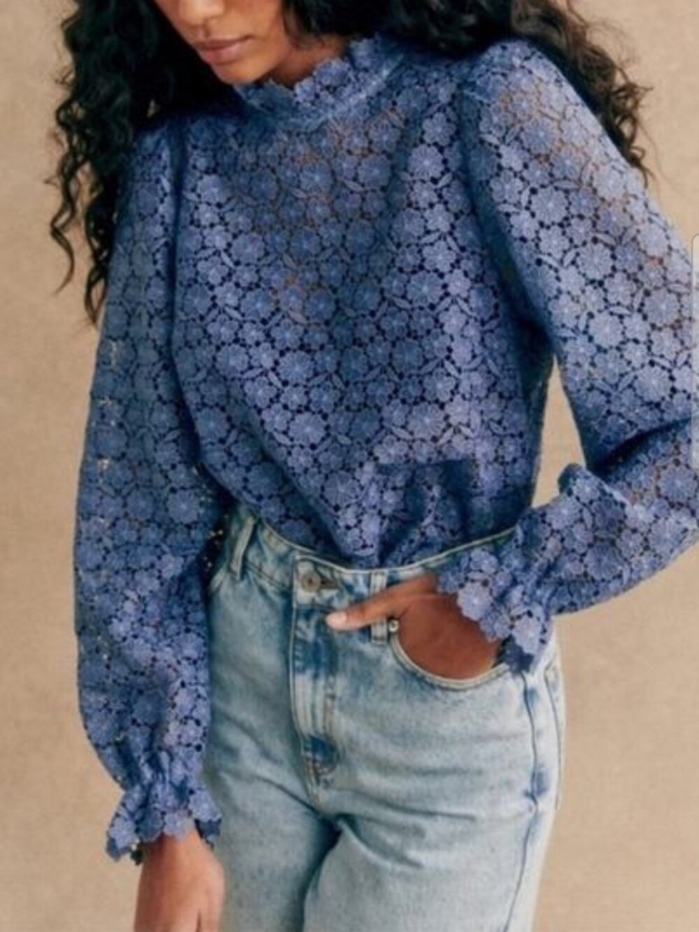 Sezane Periwinkle Blue Lace Floral High-Neck Blouse